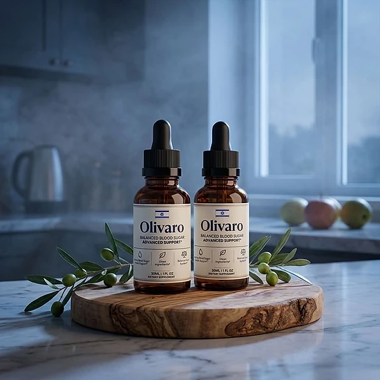 Two Olivaro dropper bottles on a wooden board with olive branches
